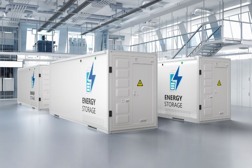 Das Bild zeigt Energiespeicher Anlagen in einer Fabrikhalle